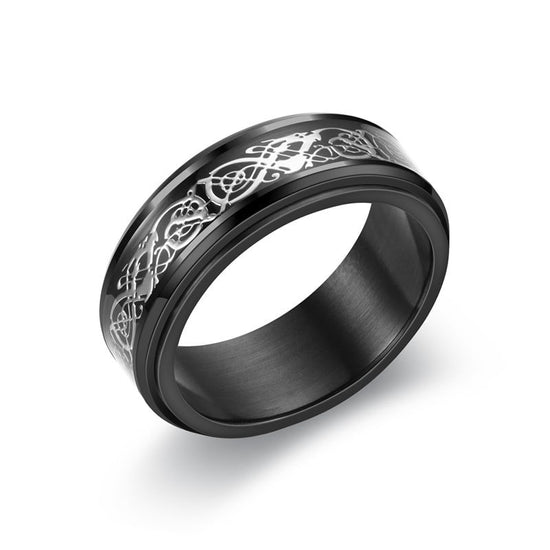 Bague anti-stress Arabesque, anneau tournant noir à motif clair
